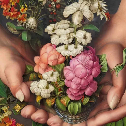 Prompt: photorealistic beautiful hands holding a big elaborate maximalist flower. mixed media 3d and oil painting in the style of Michelangelo and Banksy with flemish baroque details. hyperdetailed HD 8x