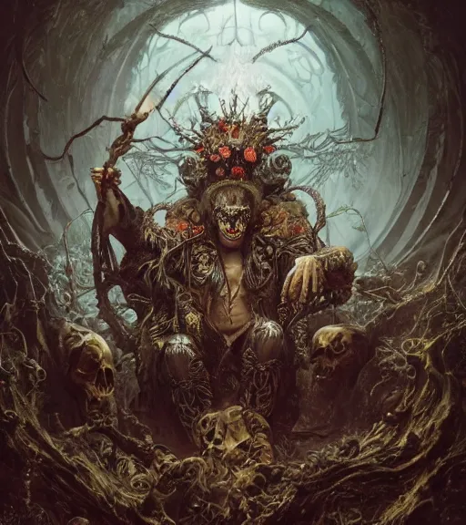 Image similar to portrait of the king of the underworld, surrounded by skulls and overgrowth by karol bak, Tomasz Alen Kopera, James Jean, tom bagshaw, rococo, trending on artstation, cinematic lighting, hyper realism, octane render, 8k, hyper detailed.