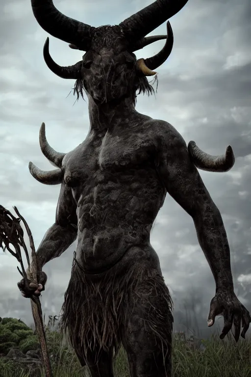 Image similar to an unreal engine render of a pagan god + creature with large black eyes and wide tall horns, hyper realistic, detailed anatomy