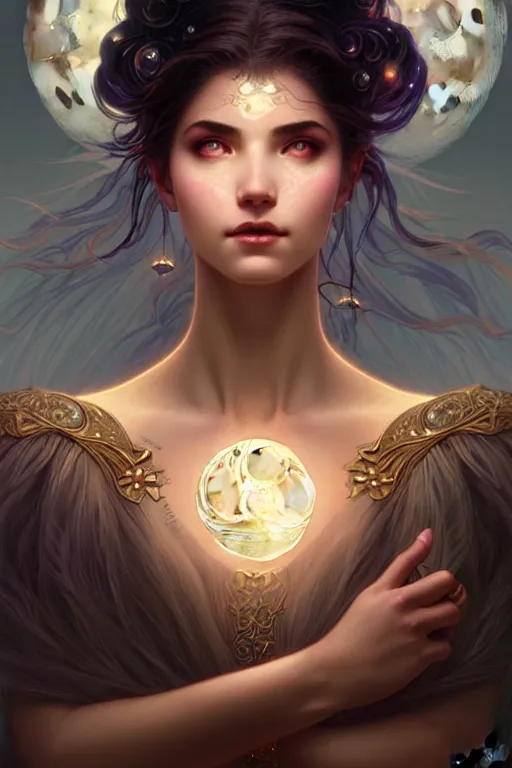 Prompt: the moon goddess closeup filled background around face, fantasy magic, undercut hairstyle, dark light night, intricate, elegant, sharp focus, illustration, highly detailed, digital painting, concept art, matte, art by wlop and artgerm and greg rutkowski and alphonse mucha, masterpiece