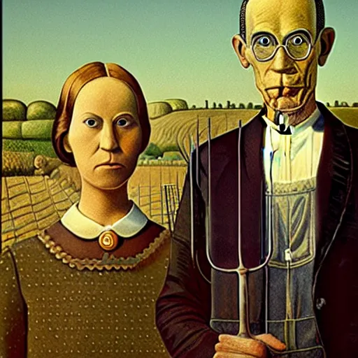 Image similar to robot portrait farmland, grant wood, american gothic from grant wood style