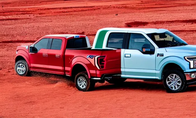 Prompt: Ford F150 Nebula 2022 Truck on a Red Sand Beach, sunset
