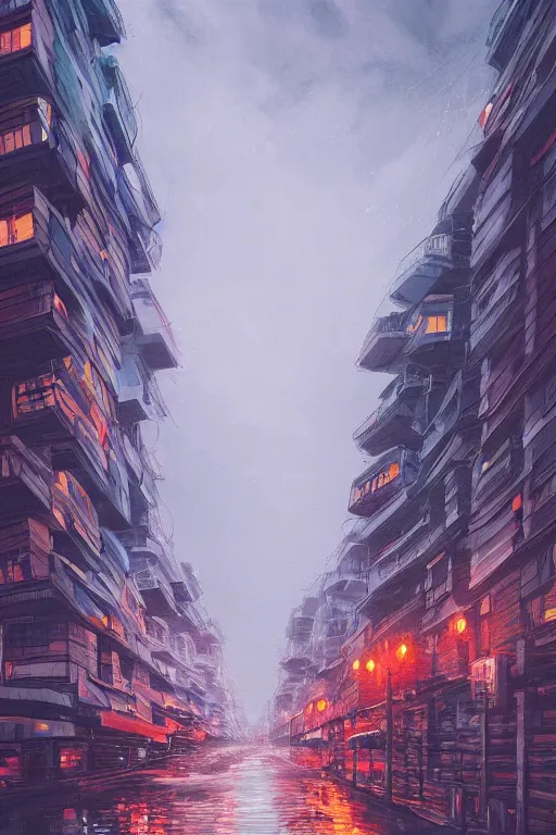 Prompt: Alena Aenami, cybercity at night with buildings in the distance, puffy cloudy sky, intricate detail, water rushing into the streets, light and reflections, future, Trending on artstation