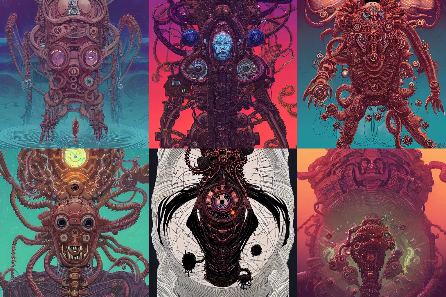 Prompt: digital painting of a steampunk elder god, hyperdetailed, cosmic horror, abomination, by Tomer Hanuka and Dan Mumford and Laurie Greasley, trending on Artstation