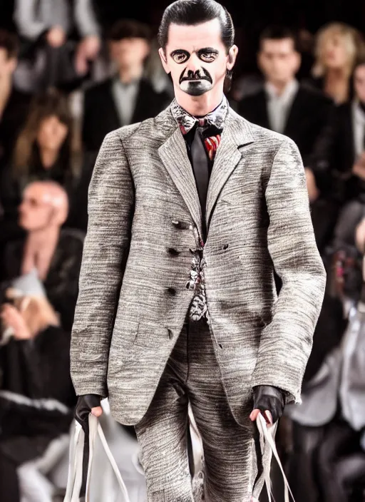 Image similar to hyperrealistic and heavy detailed yves saint laurent runway show of gomez addams, leica sl 2 5 0 mm, vivid color, high quality, high textured, real life, noise film photo