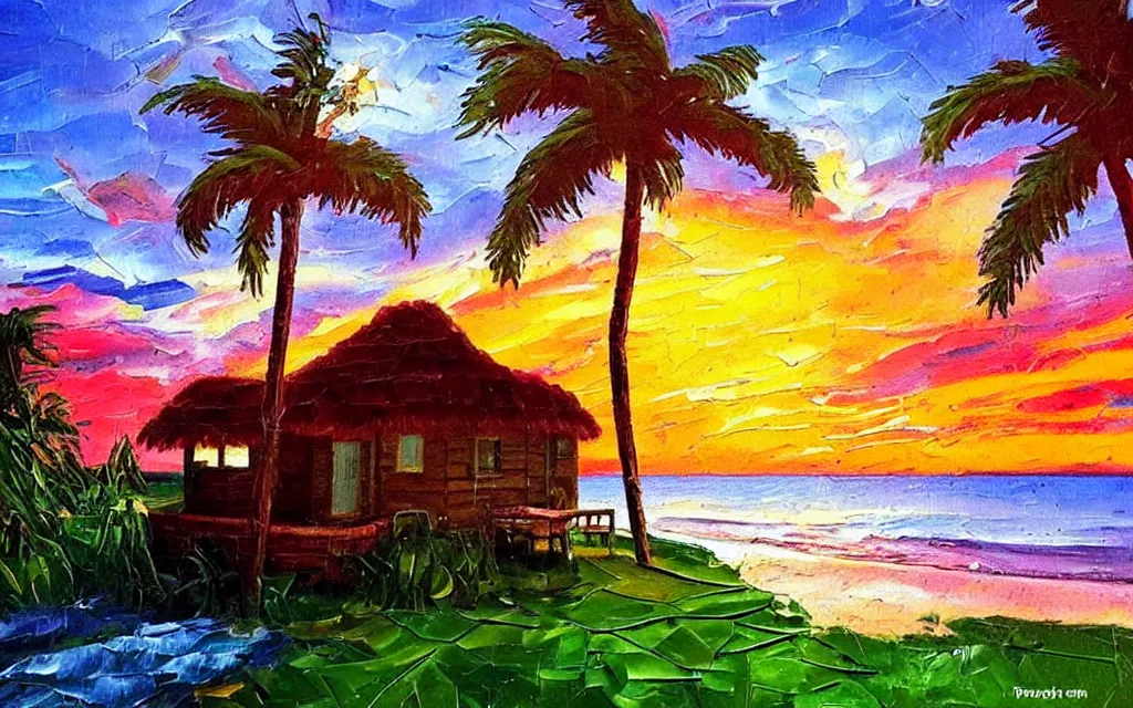 Prompt: a very very small island! with a cute cozy large cottage!! on it and a paved patio!! with chairs and string lights!, palm trees, very late evening cloudy sunset, dramatic and dynamic lighting, thick brush strokes oil impasto painting