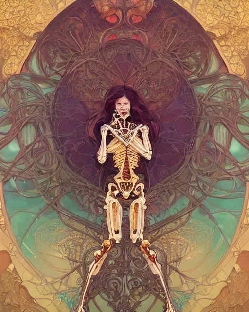 Image similar to glitch art bionic skeleton, vaporwave, highly detailed, very intricate, art nouveau, gold filigree, romantic storybook fantasy, soft cinematic lighting, award - winning, disney concept art watercolor illustration by mandy jurgens and alphonse mucha and alena aenami, pastel color palette, featured on artstation