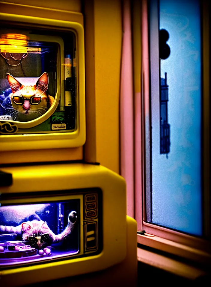 Image similar to telephoto 7 0 mm f / 2. 8 iso 2 0 0 photograph depicting the feeling of chrysalism in a cosy safe cluttered french sci - fi ( ( art nouveau ) ) cyberpunk apartment in a pastel dreamstate art cinema style. ( cat ) ( ( fish tank ) ), ambient light.