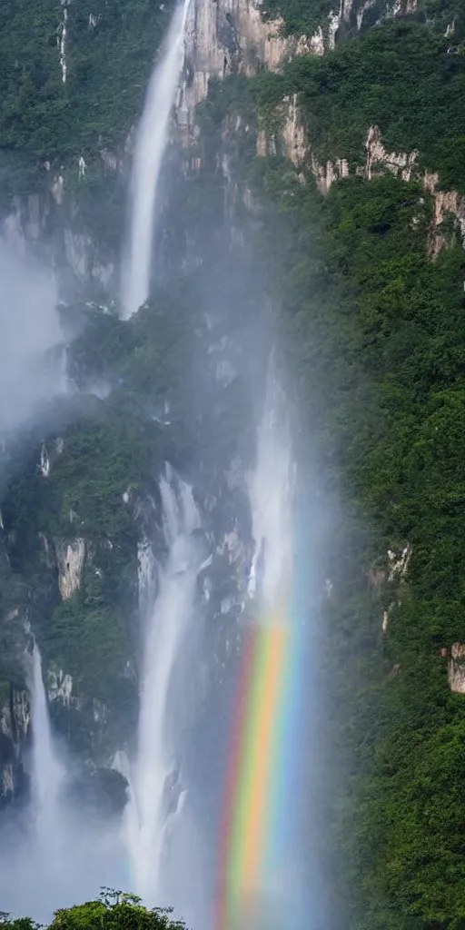 Prompt: A cloudy peak in southern China with one waterfall,in which rainbow can be seen in the middle of the waterfall. the style of National Geographic magazine
