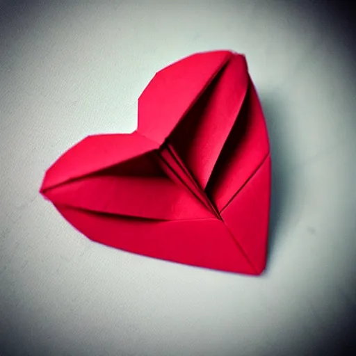 Prompt: paper origami broken heart thumbtack pinned to a wall bleeding heart bloody art