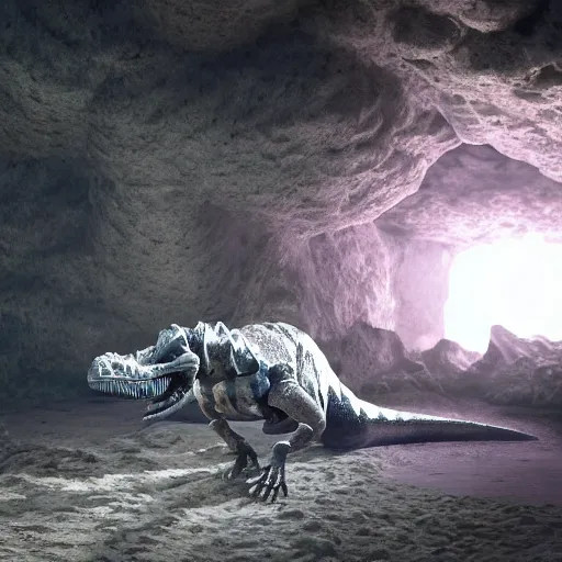 Image similar to photorealistic dinosaur skeleton inside a geode of crystals, volumetric lighting