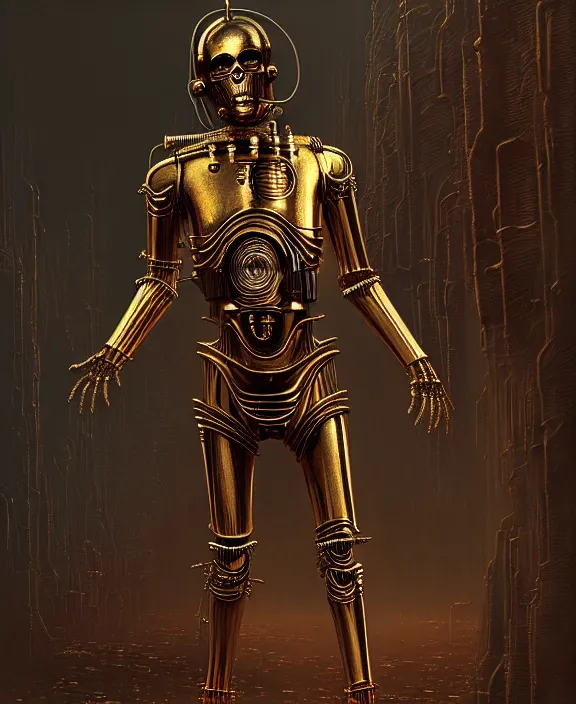 Image similar to demonic c - 3 po, by hr giger and beksinski and stephan martiniere, trending on artstation, 4 k resolution, detailed, high quality, hq artwork