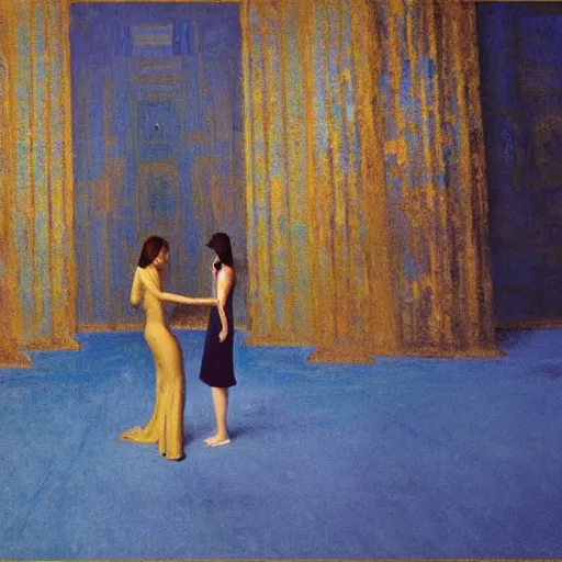 Image similar to procession of women in a blue and gold haunted liminal abandoned temple, film still by edward hopper, by gottfried helnwein, by klimt, art noveau, highly detailed, strong lights, liminal, eerie, bright pastel colors,