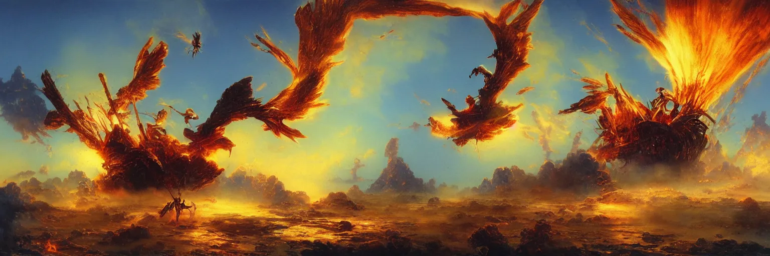 Prompt: awe-inspiring bruce pennington landscape digital art painting of icarus crashing and burning his chariot, 4k, matte