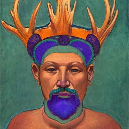 Image similar to the antler crown, by Annie Swynnerton and Nicholas Roerich and Diego Rivera, bioluminescent skin, elaborate costume, geometric ornament, symbolist, cool colors like blue and green and violet, smooth, sharp focus, extremely detailed