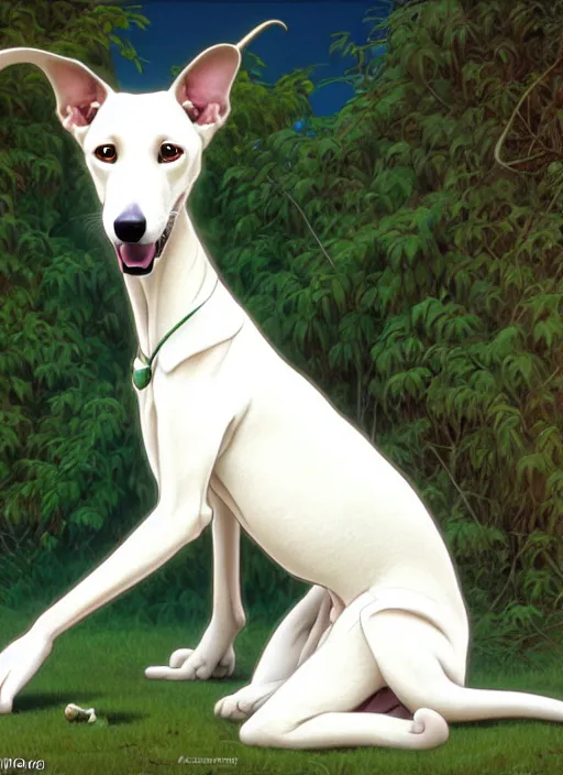 Prompt: cute white brown greyhound, green toy bone on floor, natural lighting, path traced, highly detailed, high quality, digital painting, by don bluth and ross tran and studio ghibli and alphonse mucha, artgerm