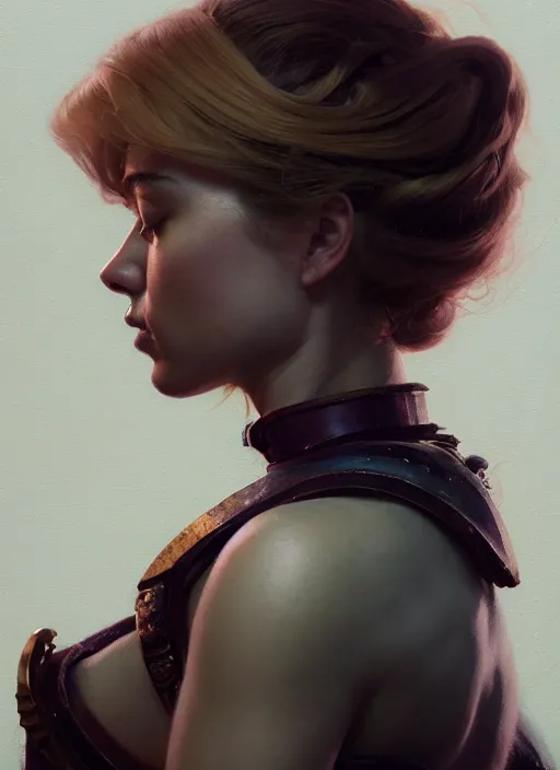 Image similar to side portrait, imogen poots, paladin, gloomhaven, organic painting, hard edges, gradient monochromatic color, luminescent, octane render, by greg manchess, huang guangjian, gil elvgren, sachin teng, greg rutkowski, jesper ejsing, rhads, ilya kuvshinov, cushart krenz