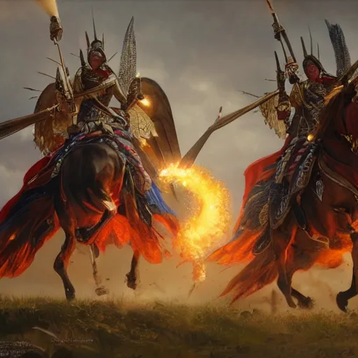 Image similar to an extremely detailed matte painting the polish winged hussars charging ottoman artillery, heroic charge, epic fantasy, viewed in profile from very far away, sharp focus, detailed face, art by greg rutkowski and alphonse mucha in an anime style, volumetric lighting, 4 k resolution, artstation