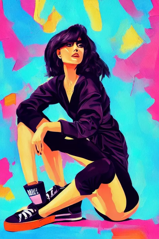 Image similar to a ultradetailed painting of a stylish woman sitting on a pile of sneaker boxes trending on artstation