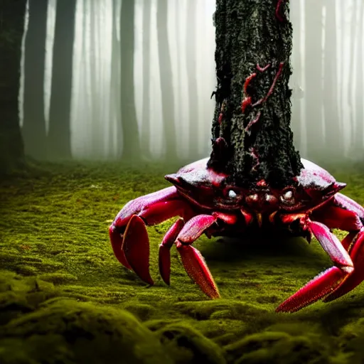 Image similar to eldritch crab being emerging from the ground in a hauntend forest, foggy mysterious, creepy, cinematic, dramatic, 8k, horror, highly detailed, sharp focus, dynamic lighting, photograph, texture