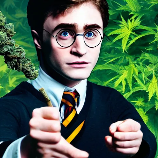 Image similar to harry potter surrounded by green dense weed kush plants, smoke in front, smoke behind, smoke background, red eyes, smoking weed