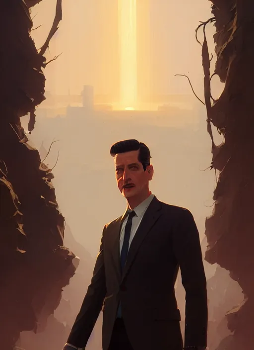 Image similar to highly detailed portrait of a agent dale cooper, stephen bliss, unreal engine, fantasy art by greg rutkowski, loish, rhads, makoto shinkai and lois van baarle, ilya kuvshinov, rossdraws, tom bagshaw, global illumination, radiant light, detailed and intricate environment