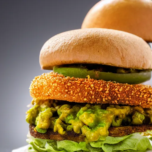 Image similar to vegan hamburger with guacamole and crispy fried onion and fried egg toppings, crispy buns, 8 k resolution, studio lighting, sharp focus, hyper - detailed