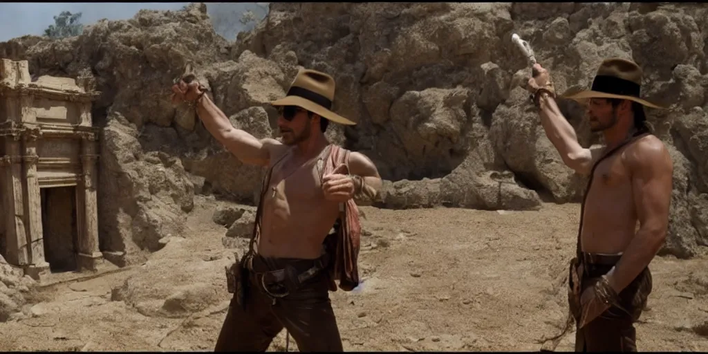 Prompt: film frame of fabio rovazzi taking a trasure from an ancient temple. indiana jones style 4 k quality rule of thirds fabio rovazzi dressed as indiana jones detail cinematic color grading by christopher nolan. sunglasses