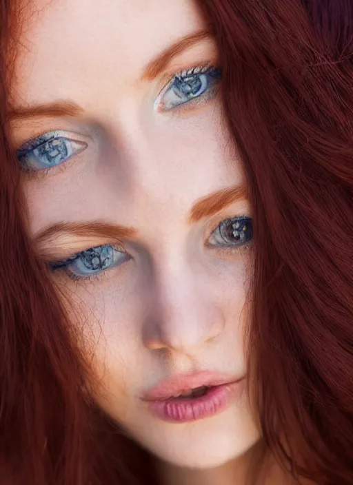 Image similar to face portrait of a thin young elegant gorgeous redhead woman with russian descent, sunbathed skin, with beautiful!, deep blue eyes. Wavy long maroon colored hair who looks directly at the camera. Slightly open mouth, face takes up half of the photo. a park visible in the background. Intricate. Very detailed 8k texture. Sharp. Cinematic post-processing. . Sharp eyes. stefan kostic. stanley lau. artgerm. Soft light. Lifelike.