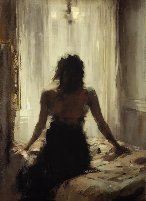 Image similar to aesthetic portrait painting of a beautiful woman posing in an artistic over a bed, by jeremy mann, only one head single portrait