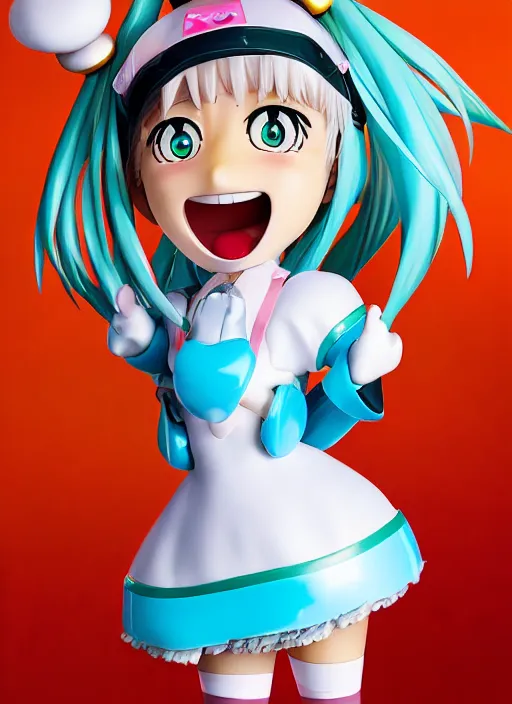 Prompt: a hyperrealistic oil panting of a kawaii vocaloid figurine caricature with a big dumb grin and pretty sparkling anime eyes featured on Wallace and Gromit by studio trigger