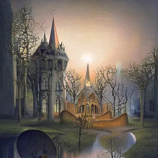 Image similar to beautiful scene from a dream. digital artwork by vincent bons, michael whelan, remedios varo and gerardo dottori. grainy and rough. interesting pastel colour palette. beautiful light. oil and water colour based on high quality render.