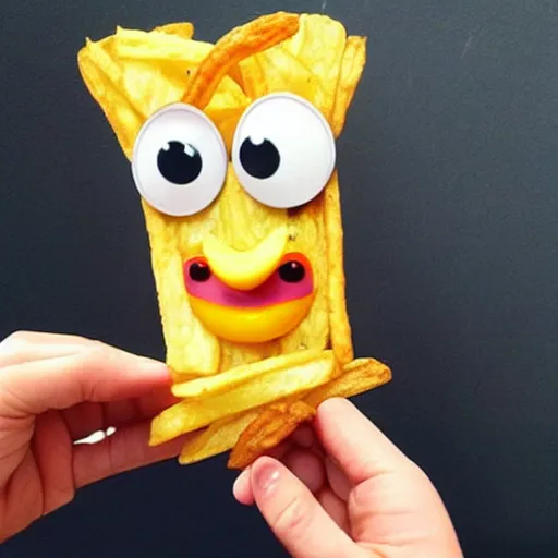 Image similar to [ a french fry chip ] shaped like stephen fry as a pixar character hybrid intercross mix