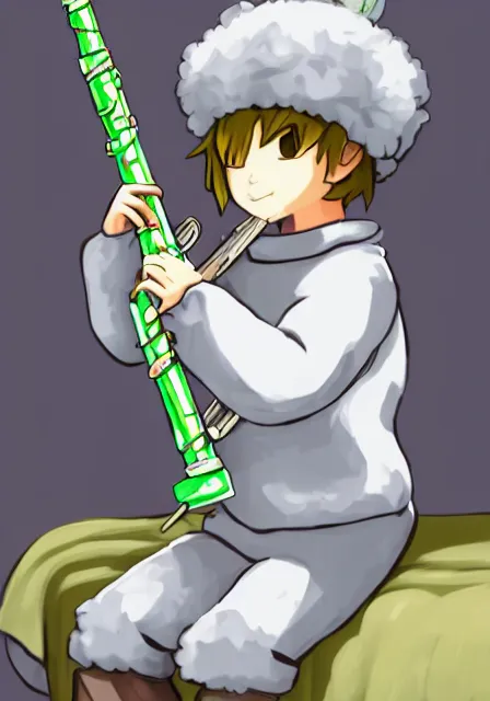 Image similar to little boy wearing sheep suit playing a flute sitting on bed. white, gray, blue, green and brown pallet color. made in abyss art style, inspired in kris from deltarrune, cute detailed artwork, anatomically correct