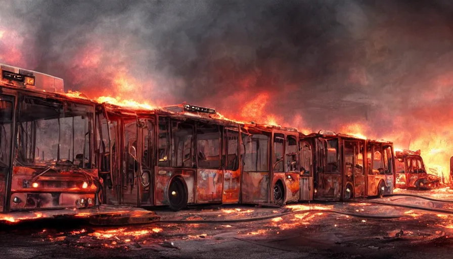 Prompt: A detailed render of a post apocalyptic scene of Fire and explosions on the 3rd precinct, burned down city buses on fire, sci-fi concept art, lots of fire, panic, dark, clouds, 8k, high detail, advanced rendering whimsically designed art, 4k post-processing highly detailed, Soft illumination