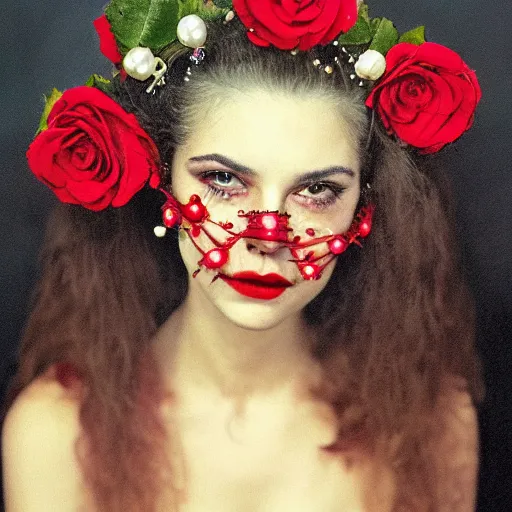 Prompt: Long-haired woman with roses in her hair, she has pearls in her face, roses and spikes in her hair, black bushy eyebrows, scarlet coral lips style.