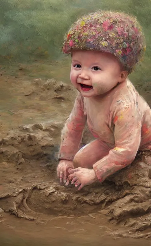 Prompt: beautiful detailed painting of a baby crawling in the mud. the baby is smiling and happy, and wearing small wellies. vibrant, high quality, very funny, beautiful, hq. hd. 4 k. award winning. trending on artstation