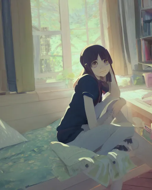 Prompt: a full shot of a teenage girl chilling in her dorm, moe, kawaii, pretty, lovely, detailed face, digital art by makoto shinkai and claude monet