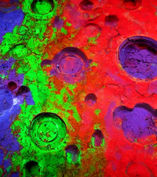 Image similar to mold corrosion abstract 3 d sculpture red purple green dark blue yellow cinematic lighting, highly detailed 8 k