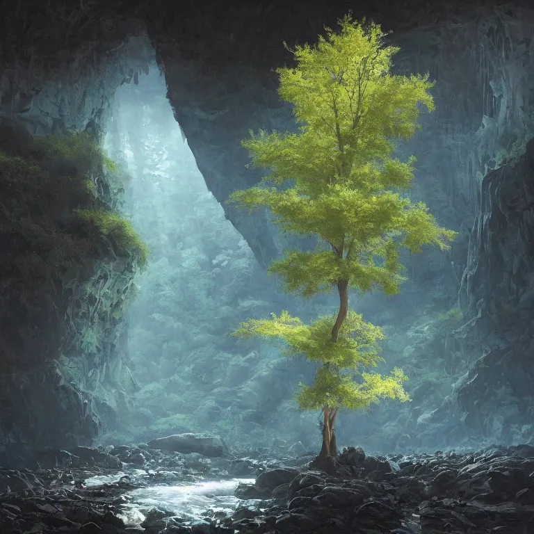 Image similar to A beautiful, highly detailed, very realistic oil painting of a single tree with rainbow leaves, next to a small river, glowing bright blue in the middle of a huge, very dark cave, with lots of dark grey rocks, oil painting by Greg Rutkowski.