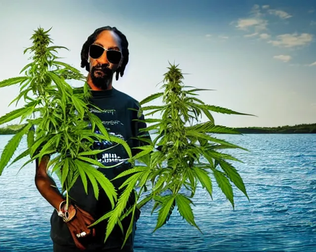 Prompt: photograph of Snoop Dogg sitting in a fishing boat on a river and holding a huge cannabis plant, amazing detail, 4k, hd