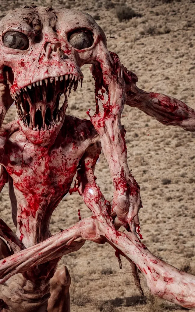 Image similar to in the desert a bloody gross horrifying The Thing creature made of muscle and bone and blood stares at the camera, eating, mid day, 35mm photography, realistic,