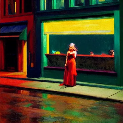 Image similar to night color flash portrait photography of punks on the lower east side by edward hopper, colorful!!, nighttime!, raining!