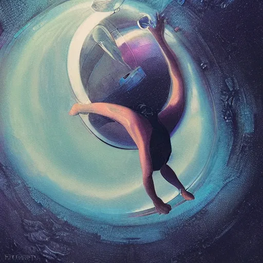 Image similar to woman in flight suit plunging into an abyss, bubbles, currents, dyson sphere, wet reflections, prism, atmospheric, ambient, pj crook, syd mead, livia prima, artgerm, greg rutkowski, nick alm, casey baugh