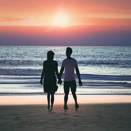 Image similar to Slim silhoutte of a couple on the beach, sunrise, ray tracing, birds in the sky, uplifting mood, happiness, majestic, 16k