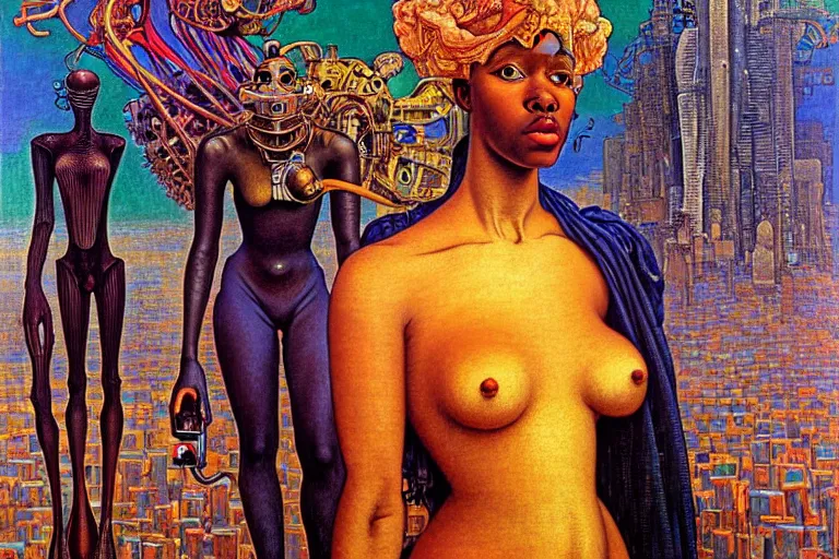 Image similar to realistic extremely detailed portrait painting of a beautiful black woman with a robot, city street on background by Jean Delville, Amano, Yves Tanguy, Ilya Repin, William Holman Hunt, Alphonse Mucha, Ernst Haeckel, Edward Robert Hughes, Roger Dean, rich moody colours