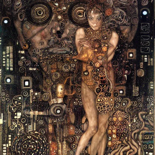 Image similar to depraved cybernetic deities trapped in circuitry, intricate detail, klimt, royo, whealan,