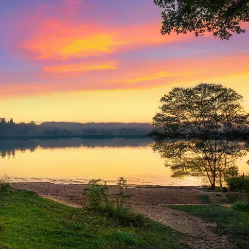 Image similar to 4k UHD photograph sunrise reflected from lake with trees on distant shore and a sailboat