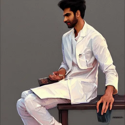 Image similar to Anxious good looking pale young Indian doctors wearing American clothes at the airport, portrait, elegant, intricate, digital painting, artstation, concept art, smooth, sharp focus, illustration, art by artgerm and greg rutkowski and alphonse mucha