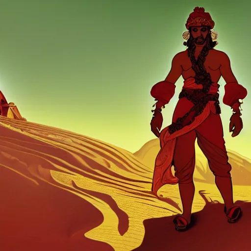 Image similar to an ultra detailed vector image of mario dressed as the prince of persia, concept art by alphonse mucha and greg rutkowski, bright red desert sands, bright yellow and red sun, octane render, liminal space